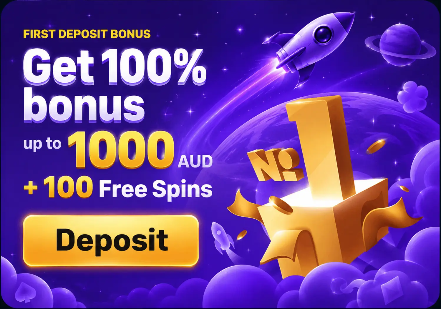 First deposit bonus up to 1000 AUD and 100 free spins