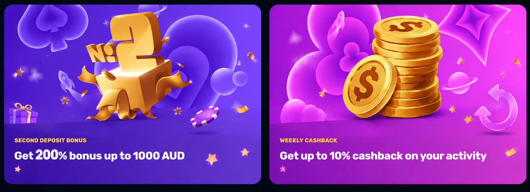 Claim 200% bonus up to 1000 AUD plus weekly 10% cashback
